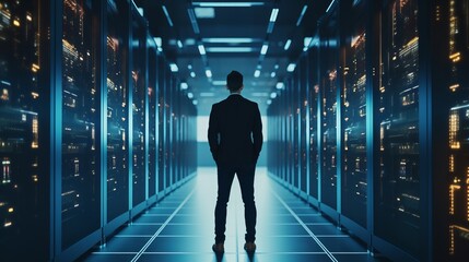 Rear view, IT engineer standing in rack servers in data center by AI generate.