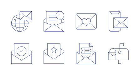 Mail icons. editable stroke. Containing email, envelope, invitation, success, worldwide.