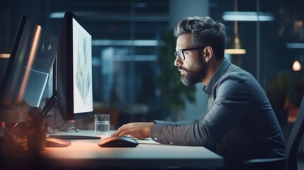 Businessman sitting at the office table working on computer at night of working late by generative AI illustration.