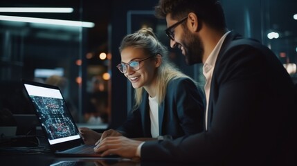 Business team sitting at the office table working on computer at night of working late together by generative AI illustration.