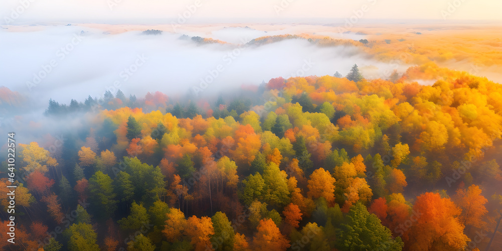 Fototapete aerial view of beautiful colorful autumn forest in low clouds at sunrise. top view of orange and gre