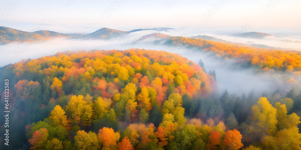 Fototapete aerial view of beautiful colorful autumn forest in low clouds at sunrise. top view of orange and gre