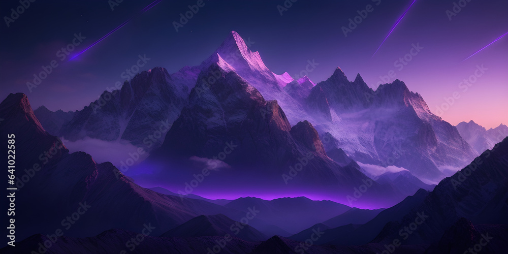 Fototapete a breathtaking view of the mountains, with a mysterious purple light radiating from the peaks and va