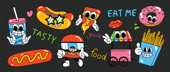 Set of 70s groovy element food truck concept vector. Collection of cartoon character, doodle smile face, hamburger, pizza, donut, sausage. Cute retro groovy hippie design for decorative, sticker.