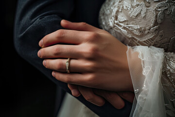 Couple wearing wedding ring at wedding day of them.generative ai
