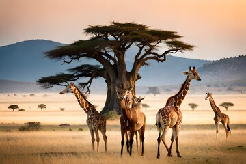 Fototapeta na wymiar giraffe family at sunset