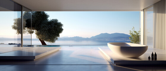 Building Exterior luxury bathroom pool view house, hotel and resort by generative AI illustration.