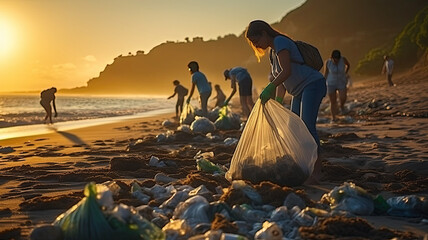 eco volunteers picking up plastic trash on the beach - obrazy, fototapety, plakaty