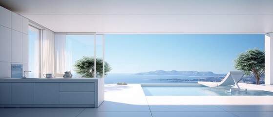 Building Exterior luxury of kitchen room with sea view by generative AI illustration.