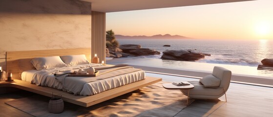 Building Exterior luxury of bedroom house, hotel and resort with sea view at sunset by generative AI illustration. - obrazy, fototapety, plakaty
