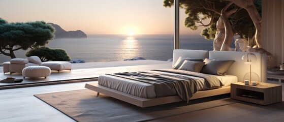 Building Exterior luxury of bedroom house, hotel and resort with sea view at sunset by generative AI illustration.