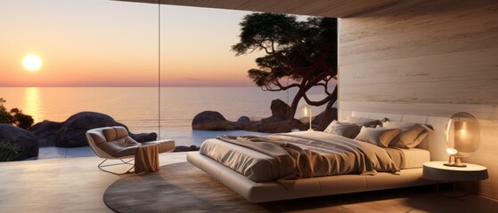 Building Exterior luxury of bedroom house, hotel and resort with sea view at sunset by generative AI illustration.