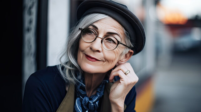 Hipster senior woman wearing glasses and fashionable hat outdoors portrait