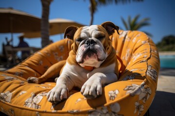 Dog Laid-Back Bulldog: Unwinding on Vacation on the beach. Generative AI