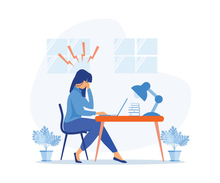 Unwell At Work. Woman With Headache, Migraine, Holding Her Head, Stressed Unhappy Upset Tired Woman In Office Suffering From Pain. Flat Vector Modern Illustration 