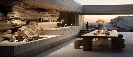 Building Exterior luxury of kitchen room with sea view by generative AI illustration. - obrazy, fototapety, plakaty