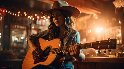 Woman playing acoustic guitar with finger catching chord on bar outdoors