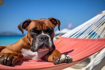 Dog Laid-Back Boxer: Unwinding on Vacation on the beach. Generative AI