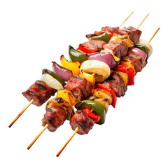 Delicious Grilled meat and vegetable kebab skewer isolated on transparent background Remove png,...