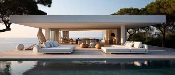Fototapeta premium Building Exterior luxury of living room with sea view by generative AI illustration.