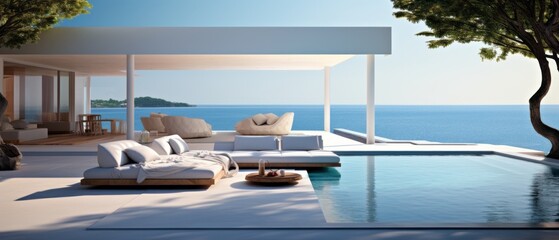 Obraz premium Building Exterior luxury of living room with sea view by generative AI illustration.