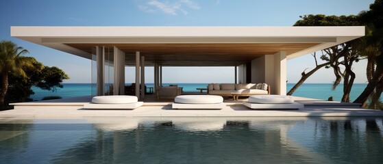 Fototapeta premium Building Exterior luxury of living room with sea view by generative AI illustration.