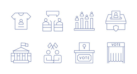 Democracy icons. editable stroke. Containing debate, diplomacy, voting booth, voting box, poll, vote, t shirt, white house.