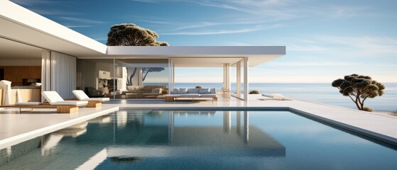 Fototapeta premium Building Exterior luxury of living room with sea view by generative AI illustration.