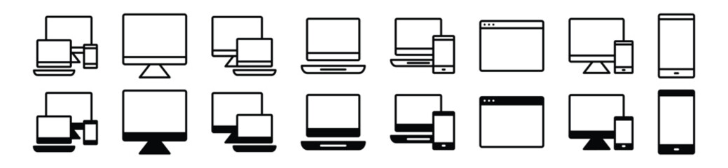 Devices icons set. Device web icon collection. Smartphone, computer monitor, laptop, tablet icon symbol in colours style. Vector illustration