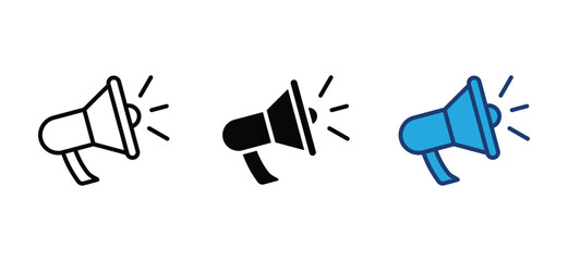 Loudspeaker megaphone icons set. Electric megaphone with sound, Viral marketing advertising icon symbol in line and flat style. Vector illustration