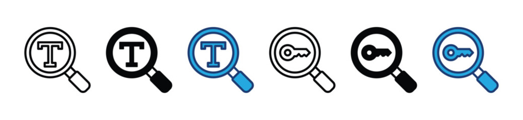 Keyword search icons set. Magnifying glass with text and key icon symbol in line and flat style. Magnifier or loupe. Vector illustration