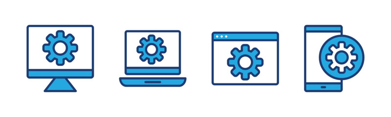 Optimization icon. Gear on devices. Sync process, option, control panel, settings icon symbol. Vector illustration