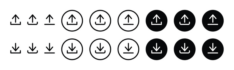 Download and upload icon buttons set. Download and upload icon. Files download and upload icons symbol in line and flat style on white background. Vector illustration - obrazy, fototapety, plakaty