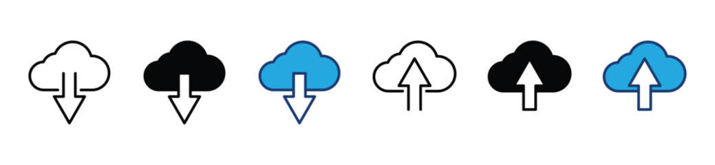 Cloud download and upload icon set. Cloud arrow download and upload icons symbol in line and flat style on white background. Vector illustration