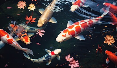 Koi fishes swimming in a koi fish pond created with AI