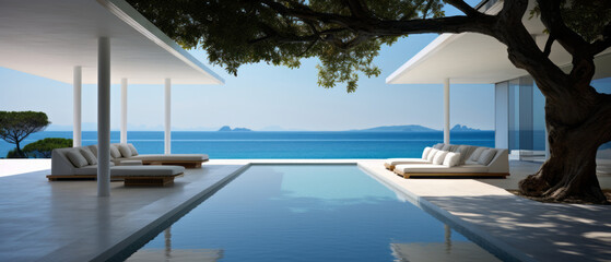 Fototapeta premium Building Exterior luxury of living room with sea view by generative AI illustration.