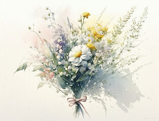 Light Watercolor: A Bouquet of Flowers on Bright White Background Illustration