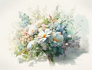 Light Watercolor: A Bouquet of Flowers on Bright White Background Illustration