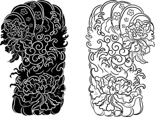 Japanese flower for coloring book.Vector illustration of Asian.Background design for tattoo idea.Peony and Chrysanthemum vector for ptinting on shirt.Stickers style.Chinese waves and clouds vector.