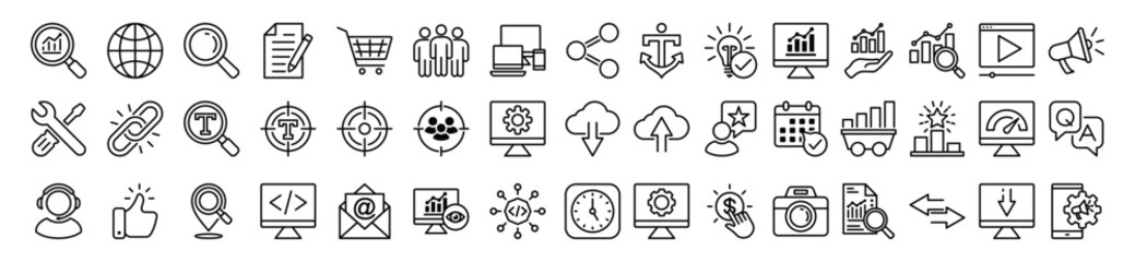 SEO line icons set. Search Engine Optimization icon symbol collection. Search, analytics, marketing, analysis, traffic, link, development, optimization, websites, social media, business, and other - obrazy, fototapety, plakaty