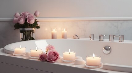 Fototapeta na wymiar Candles with rose flowers in the bathroom
