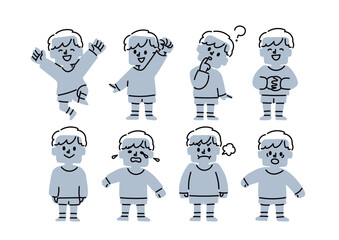 男の子の様々な表情、ポーズのイラストセット