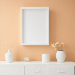 white portrait frame blank white list hanging on wall above wooden sideboard pastel orange walls