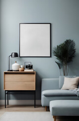 a blank black portrait frame hangs on the wall above a pastel gray wall