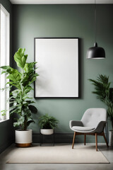 a blank black portrait frame hangs on the wall in modern house pastel green wall