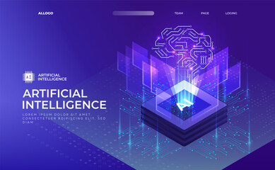 AI (Artificial Intelligence), Deep learning machine learning AI, Technological digital brain concept, Isometric vector landing page