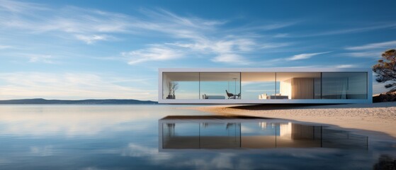 Obraz premium Building Exterior luxury of living room with sea view by generative AI illustration.