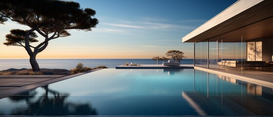 Fototapeta premium Building Exterior luxury of living room with sea view by generative AI illustration.