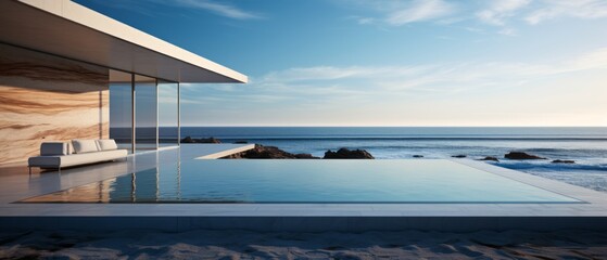Fototapeta premium Building Exterior luxury of living room with sea view by generative AI illustration.