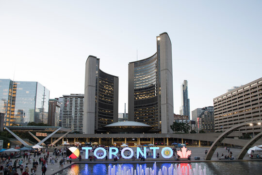 Beautiful view of The Toronto Sign is an illuminated three-dimensional sign in Nathan Phillips Square in Toronto, Canada